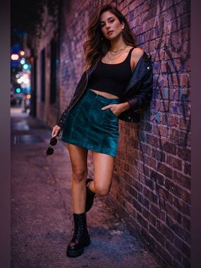 Free People Teal Velvet Mini Skirt Size 10 Zip Back Stretch